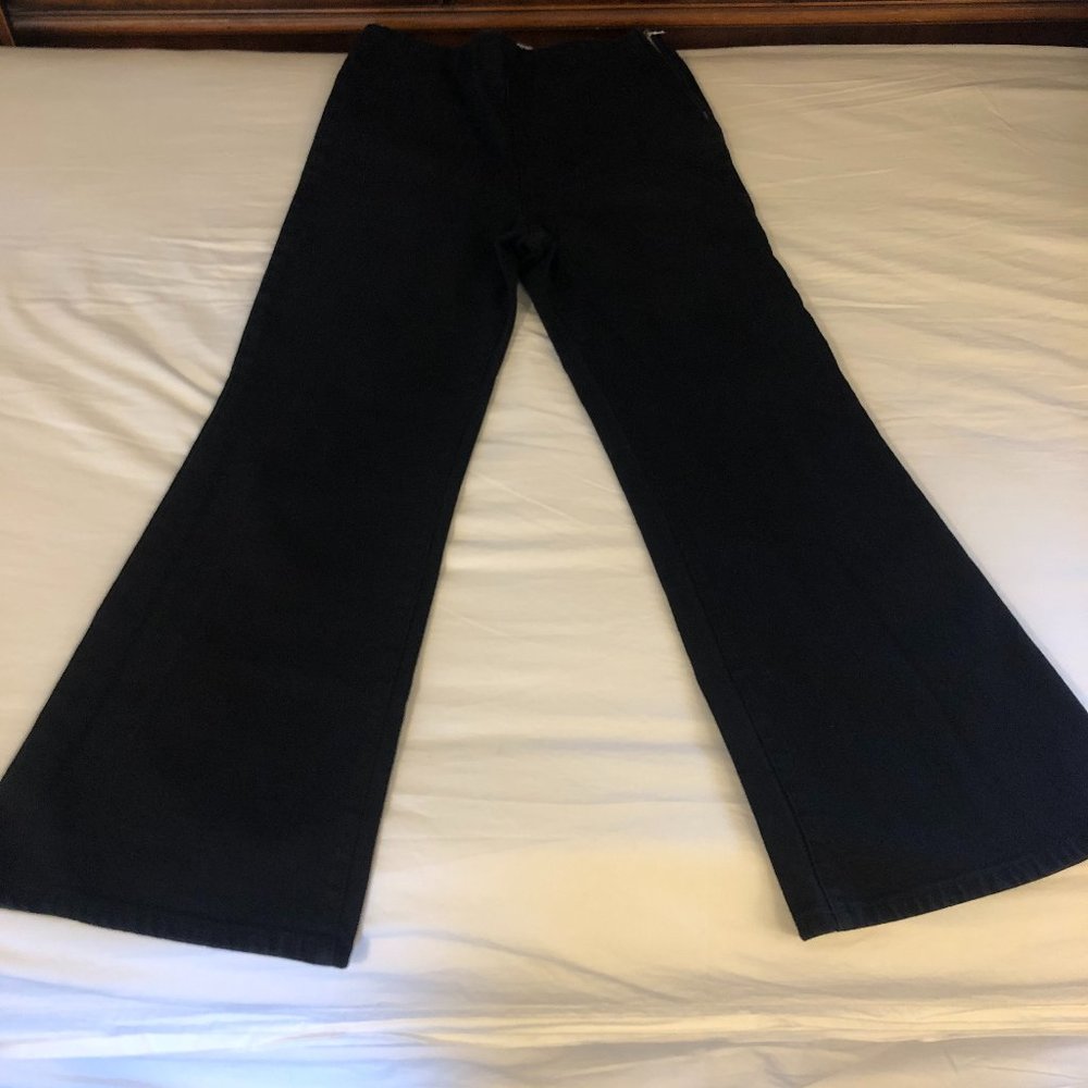 SPRWMN SMALL Black Elastic Waist Side Zip Flared Leg Cotton Stretch Heavy B59
